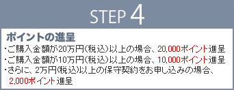 STEP4 ポイントの進呈　・ご購入金額が20万円（税込）以上の場合、20,000ポイント進呈
・ご購入金額が10万円（税込）以上の場合、10,000ポイント進呈
・さらに、2万円（税込）以上の保守契約をお申し込みの場合、 2,000ポイント