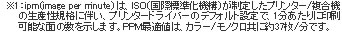 ※1：ipm（image per minute）は、ISO（国際標準化機構）が制定したプリンター/複合機の生産性規格に伴い、プリンタードライバーのデフォルト設定で、1分あたりに印刷可能な面の数を示します。PPM最適値は、カラー/モノクロ共に約37枚/分です。