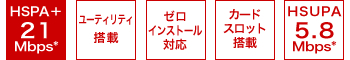 HSPA+ 21Mbps　ユーティリティ搭載　ゼロインストール対応　カードスロット搭載　HSUPA5.8Mbps