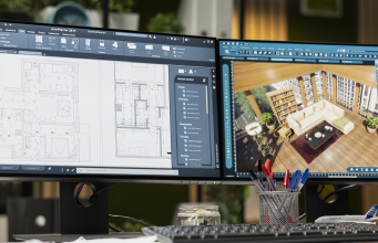 CADソフトを表示したデュアルモニターの作業環境
